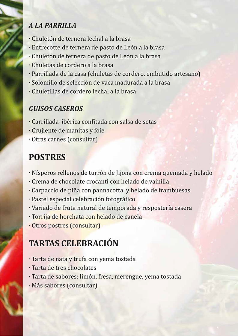 Carnes a la Parrilla, Guisos Caseros, Postres y Tartas Celebración